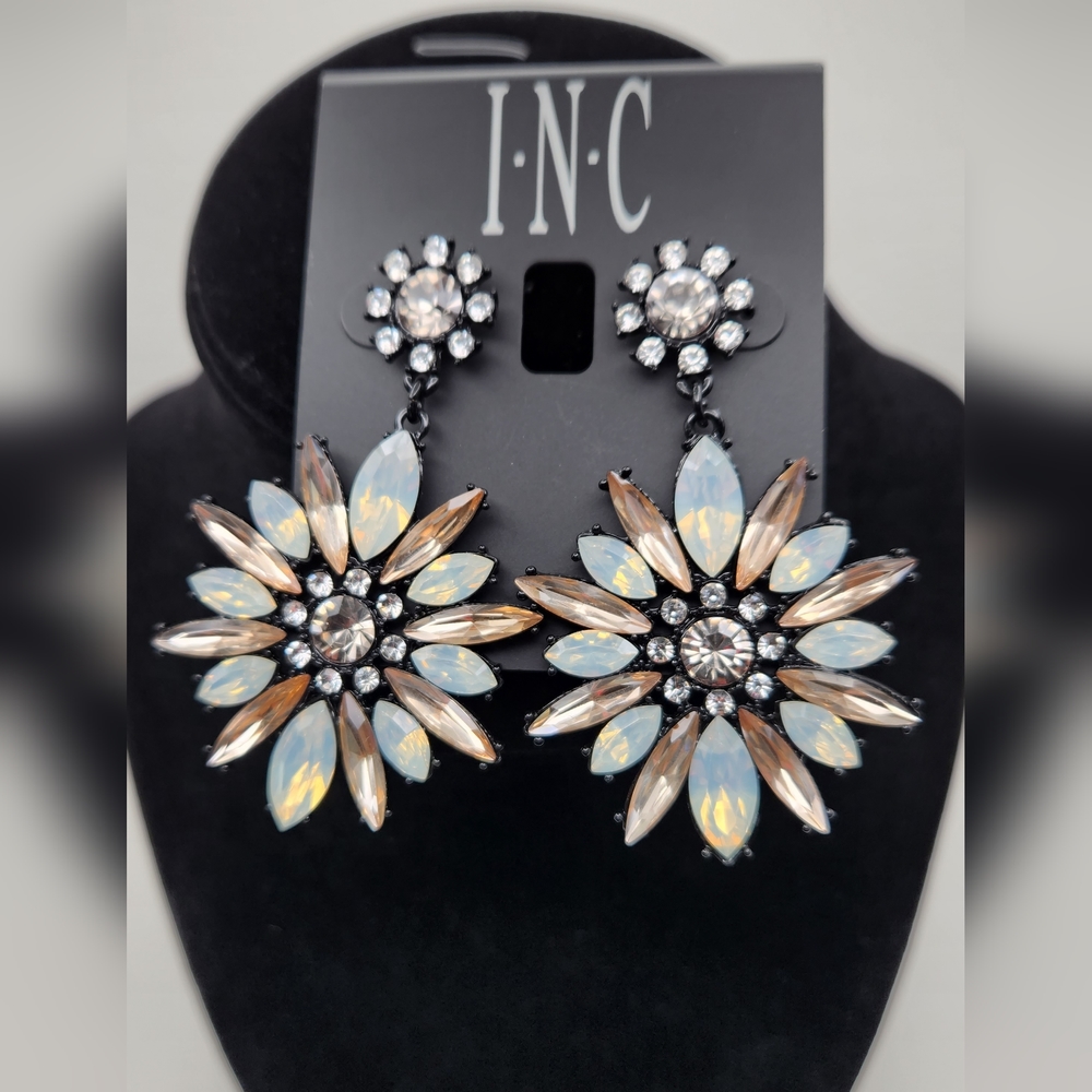 International Concepts Black and Neutral Stone Flower Drop Earrings